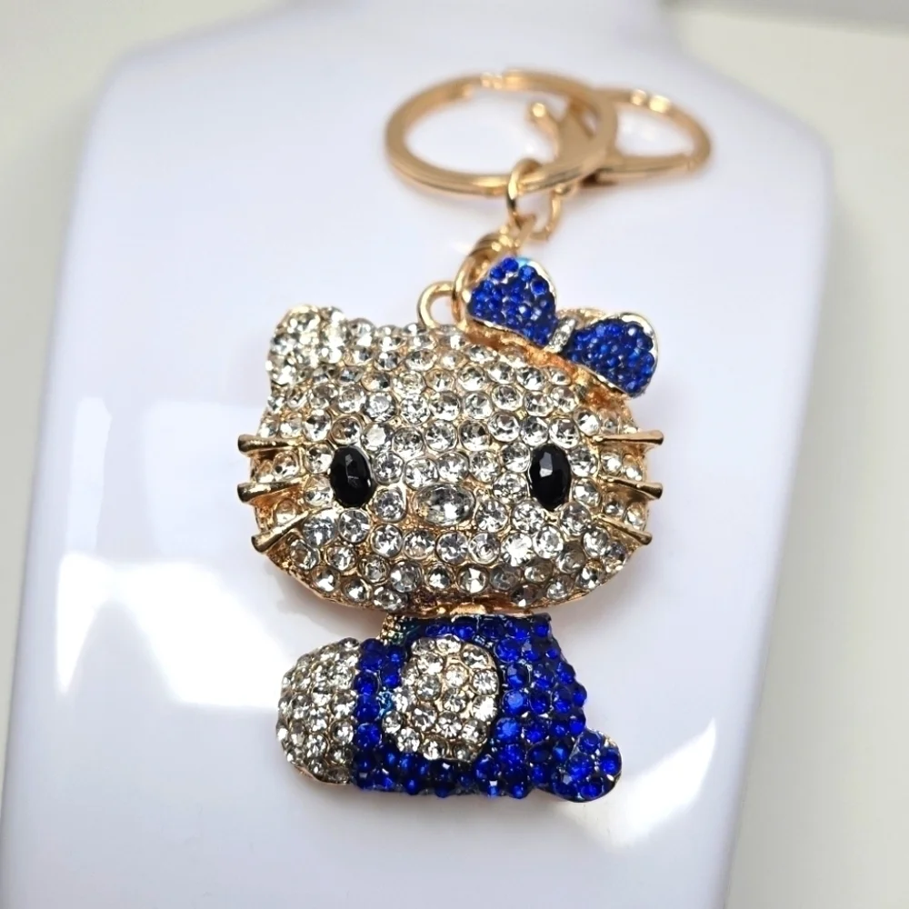 Hello Kitty Rhinestone Keychain Sapphire Blue and Gold Tone